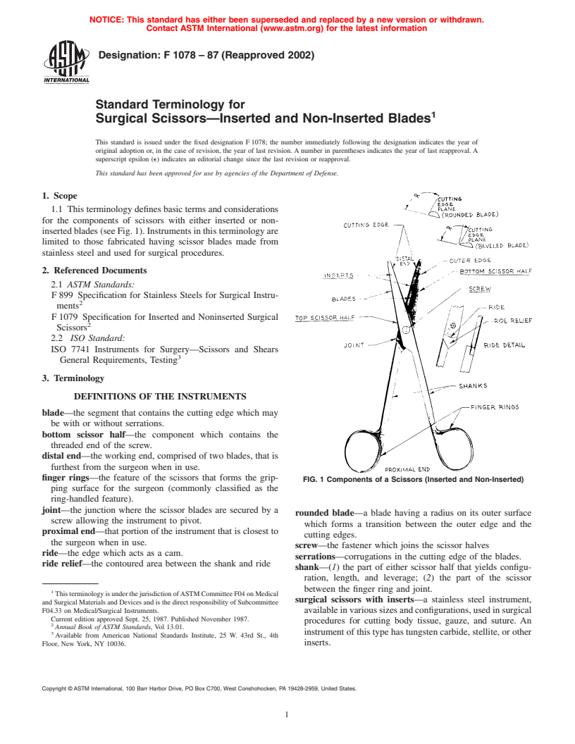 ASTM F1078-87(2002) - Standard Terminology for Surgical Scissors&#8212;Inserted and Non-Inserted Blades