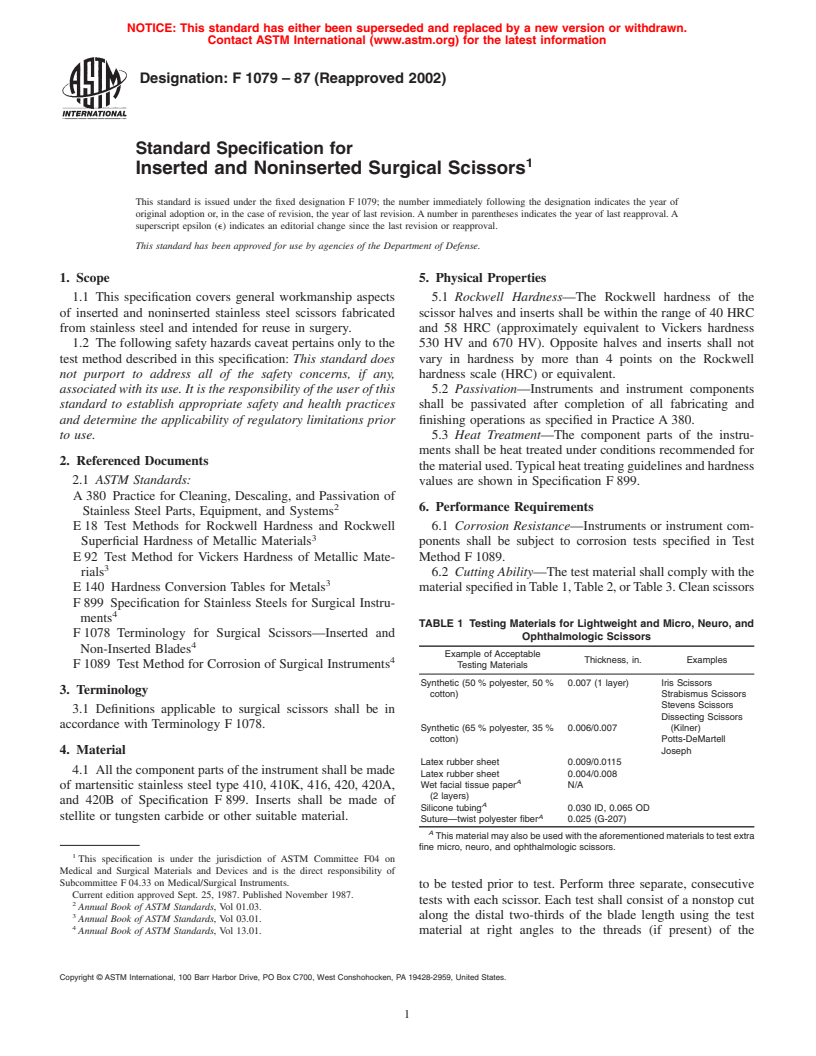 ASTM F1079-87(2002) - Standard Specification for Inserted and Noninserted Surgical Scissors