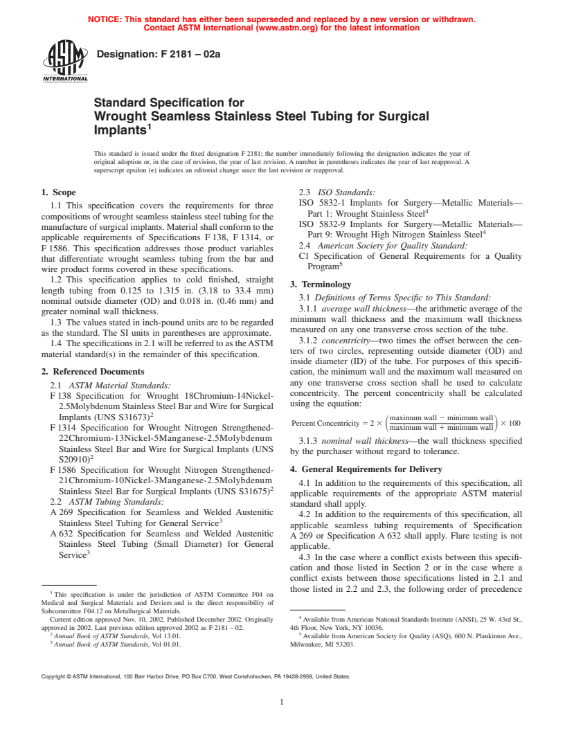 ASTM F2181-02a - Standard Specification for Wrought Seamless Stainless Steel Tubing for Surgical Implants