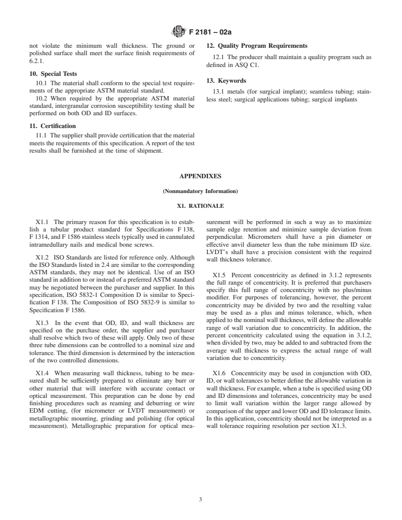 ASTM F2181-02a - Standard Specification for Wrought Seamless Stainless Steel Tubing for Surgical Implants