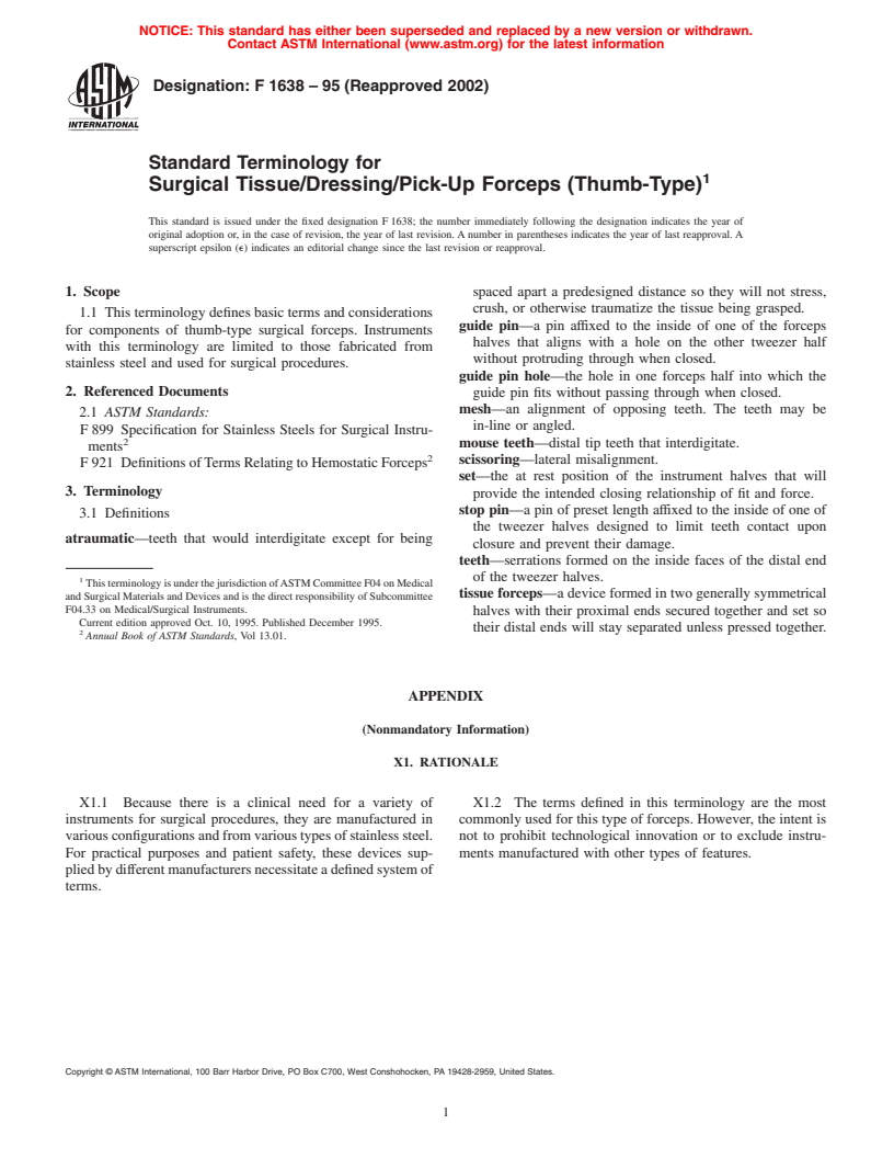 ASTM F1638-95(2002) - Standard Terminology for Surgical Tissue/Dressing/Pick-Up Forceps (Thumb-Type)