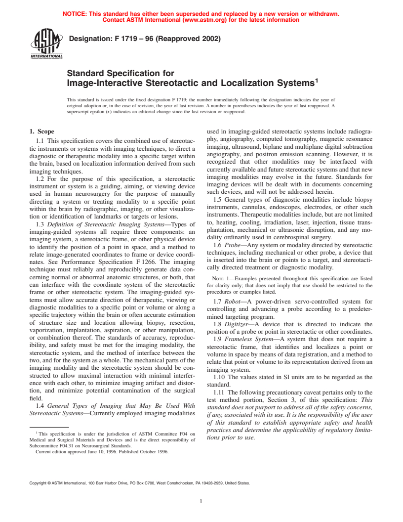 ASTM F1719-96(2002) - Standard Specification for Image-Interactive Stereotactic and Localization Systems