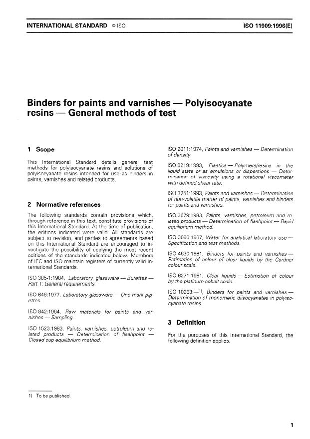 ISO 11909:1996 - Binders for paints and varnishes -- Polyisocyanate resins -- General methods of test
