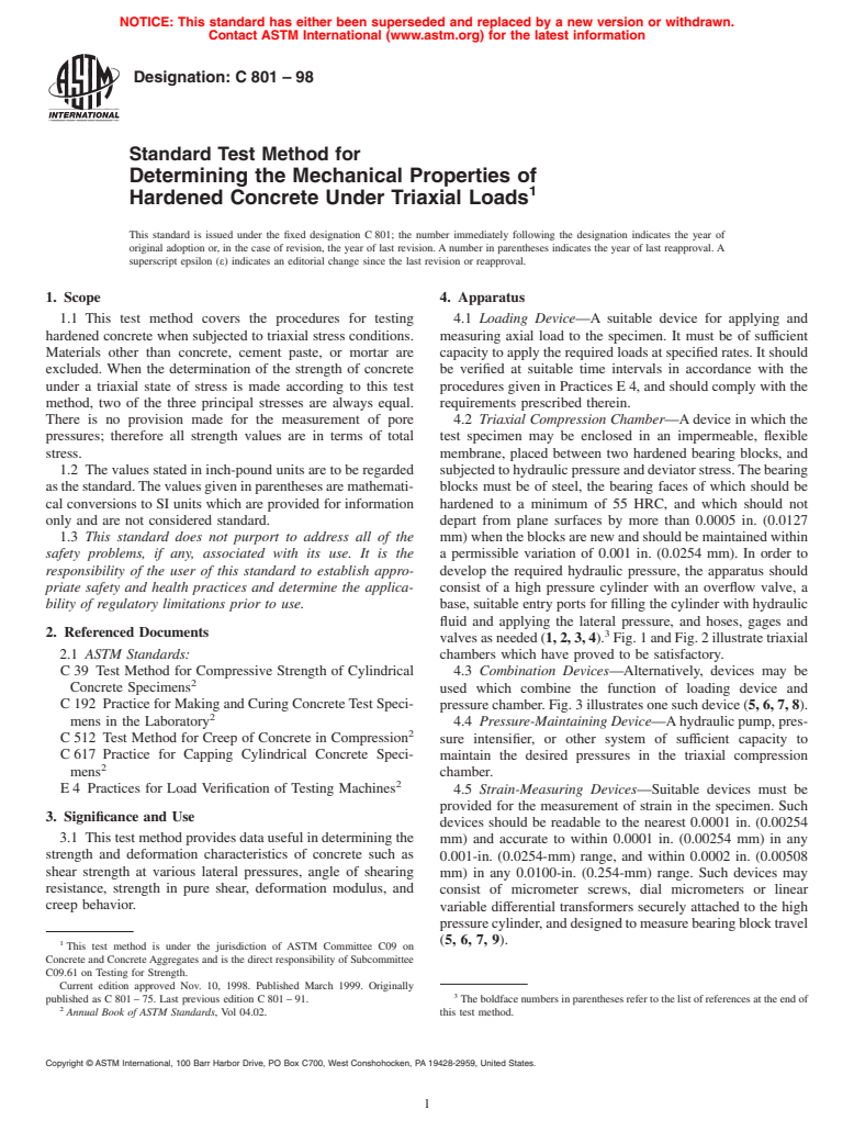 ASTM C801-98 - Standard Test Method for Determining the Mechanical Properties of Hardened Concrete Under Triaxial Loads (Withdrawn 2004)