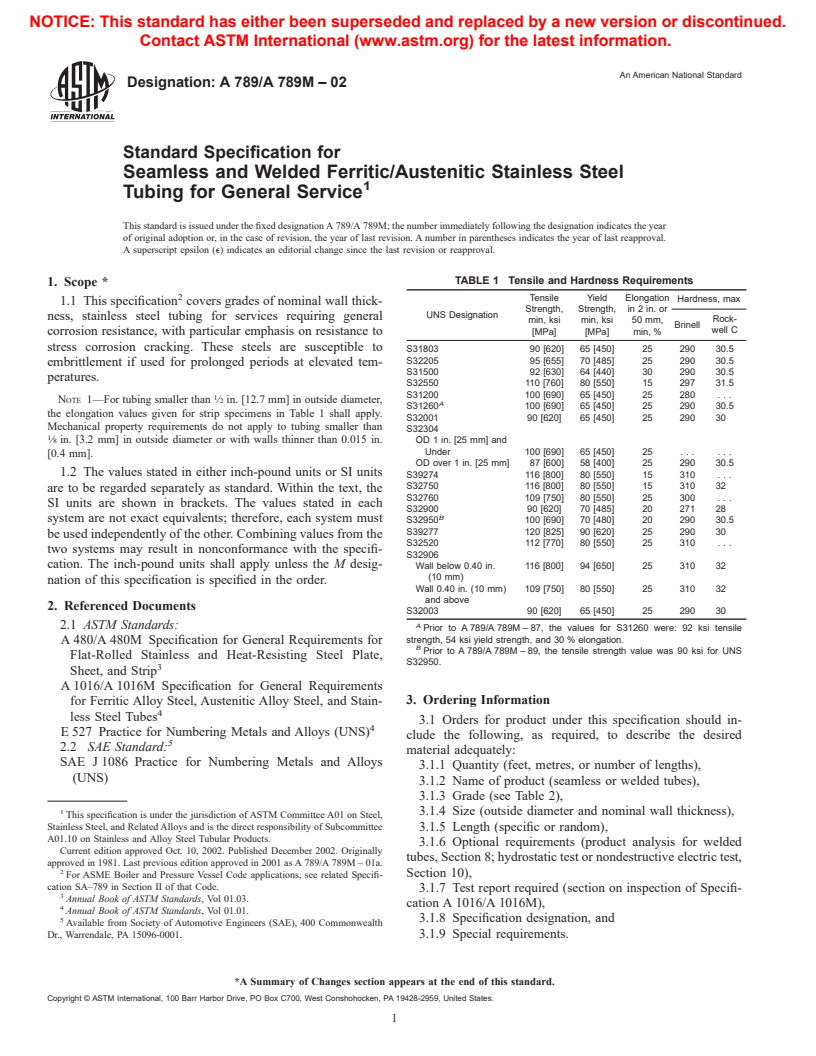 ASTM A789/A789M-02 - Standard Specification for Seamless and Welded Ferritic/Austenitic Stainless Steel Tubing for General Service