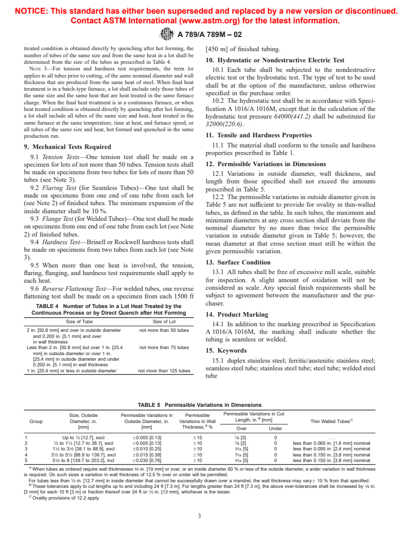 ASTM A789/A789M-02 - Standard Specification for Seamless and Welded Ferritic/Austenitic Stainless Steel Tubing for General Service