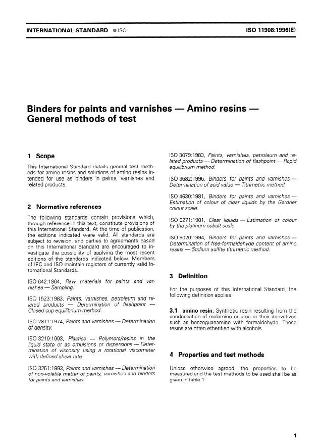 ISO 11908:1996 - Binders for paints and varnishes -- Amino resins -- General methods of test