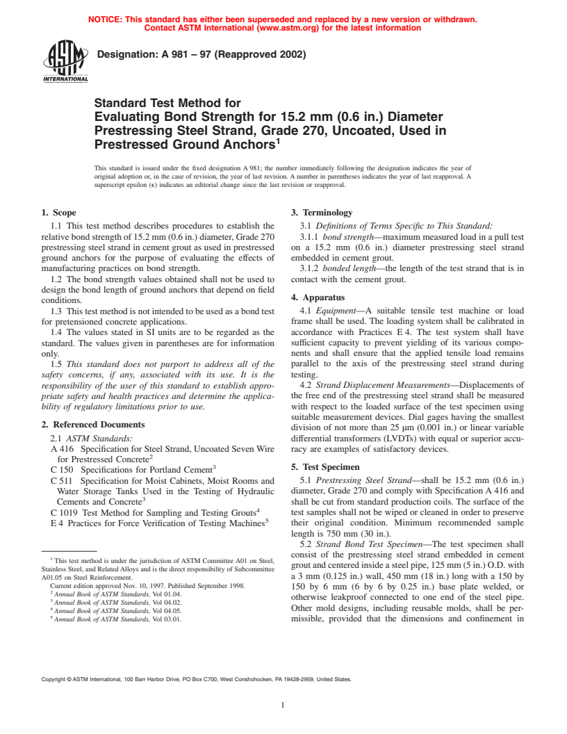 ASTM A981-97(2002) - Standard Test Method for Evaluating Bond Strength for 15.2 mm (0.6 in.) Diameter Prestressing Steel Strand, Grade 270, Uncoated, Used in Prestressed Ground Anchors