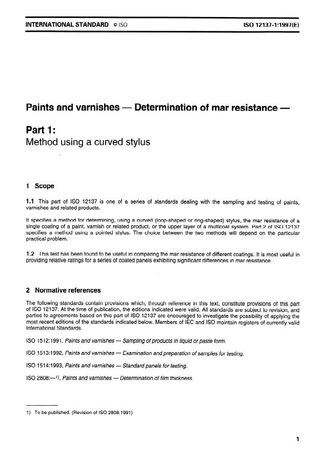 ISO 12137-1:1997 - Paints and varnishes -- Determination of mar resistance