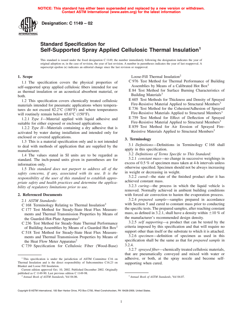 ASTM C1149-02 - Standard Specification for Self-Supported Spray Applied Cellulosic Thermal Insulation