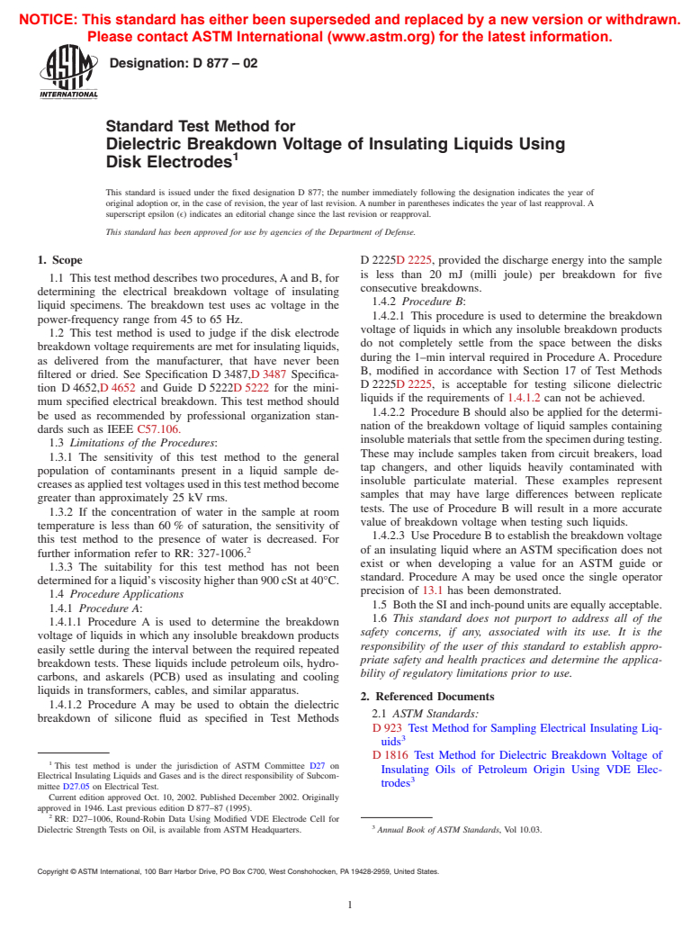 ASTM D877-02 - Standard Test Method for Dielectric Breakdown Voltage of Insulating Liquids Using Disk Electrodes