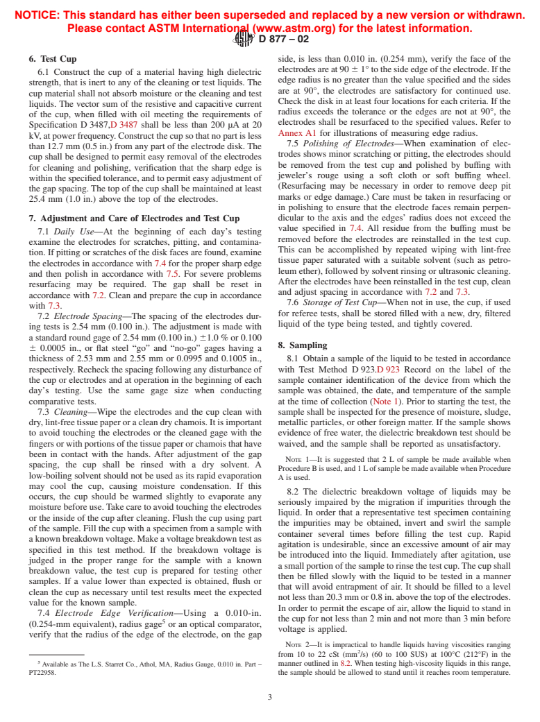 ASTM D877-02 - Standard Test Method for Dielectric Breakdown Voltage of Insulating Liquids Using Disk Electrodes