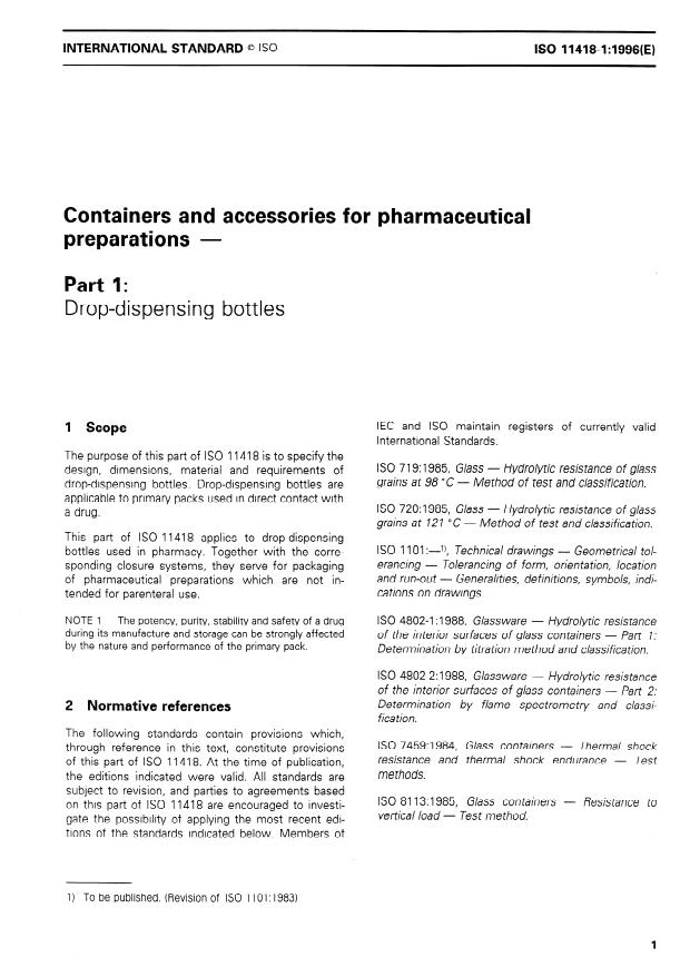 ISO 11418-1:1996 - Containers and accessories for pharmaceutical preparations