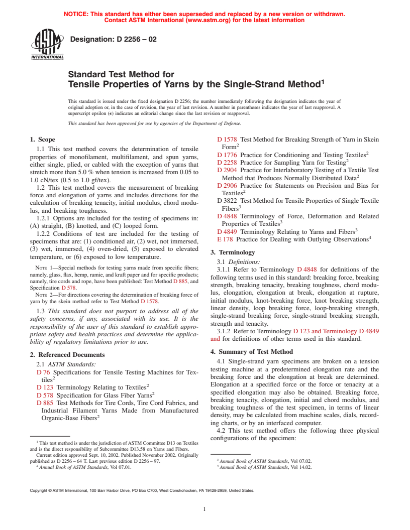 ASTM D2256-02 - Standard Test Method for Tensile Properties of Yarns by the Single-Strand Method