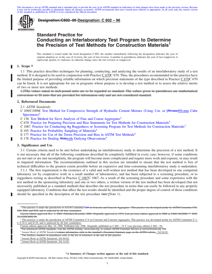 REDLINE ASTM C802-96 - Standard Practice for Conducting an Interlaboratory Test Program to Determine the Precision of Test Methods for Construction Materials