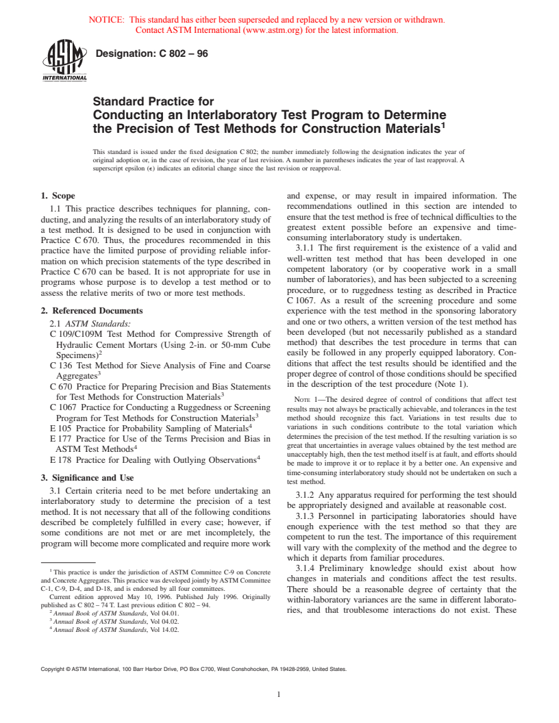 ASTM C802-96 - Standard Practice for Conducting an Interlaboratory Test Program to Determine the Precision of Test Methods for Construction Materials