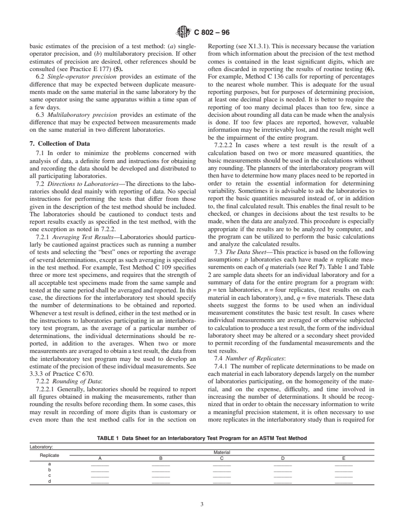 ASTM C802-96 - Standard Practice for Conducting an Interlaboratory Test Program to Determine the Precision of Test Methods for Construction Materials