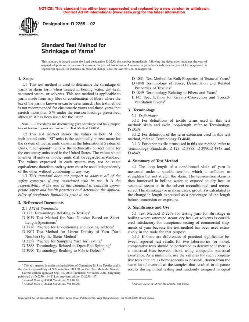 ASTM D2259-02 - Standard Test Method for Shrinkage of Yarns