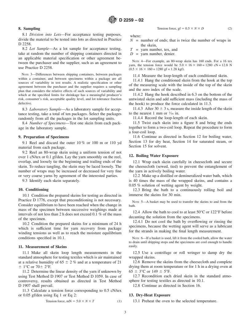 ASTM D2259-02 - Standard Test Method for Shrinkage of Yarns