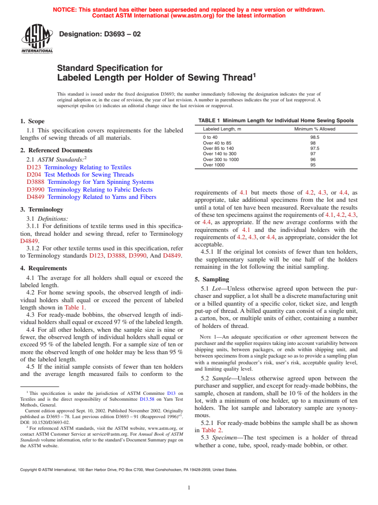 ASTM D3693-02 - Standard Specification for Labeled Length per Holder of Sewing Thread