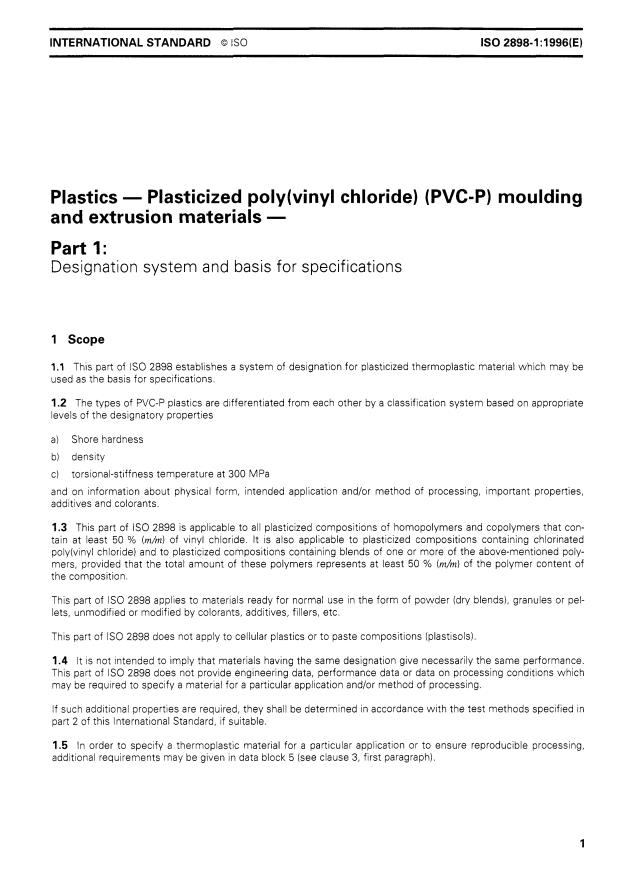 ISO 2898-1:1996 - Plastics -- Plasticized poly(vinyl chloride) (PVC-P) moulding and extrusion materials