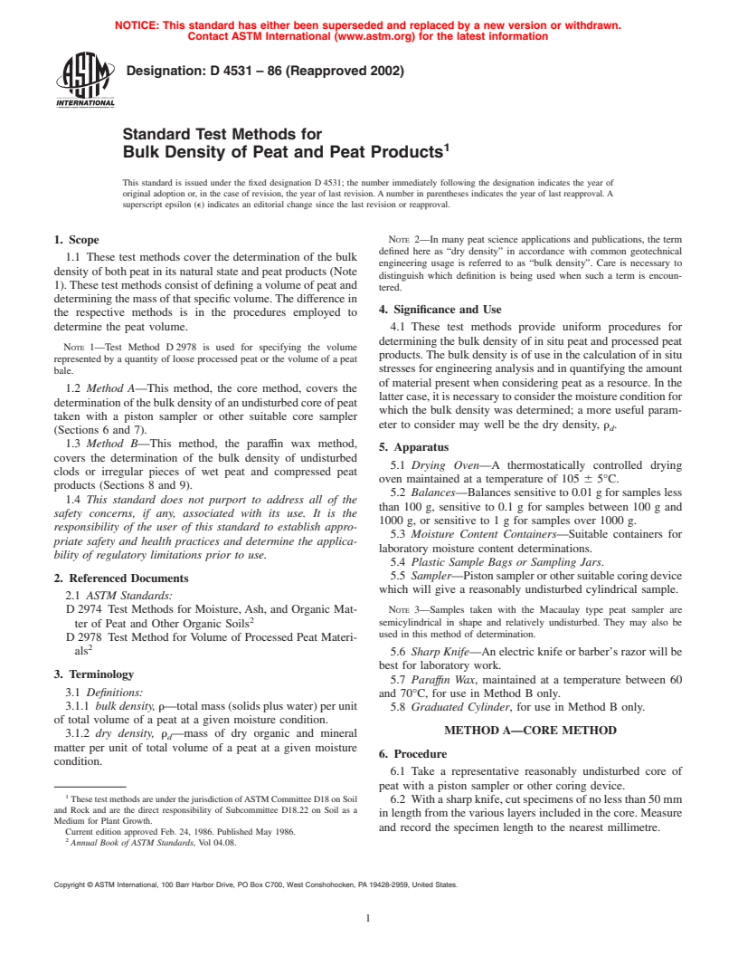 ASTM D4531-86(2002) - Standard Test Methods for Bulk Density of Peat and Peat Products