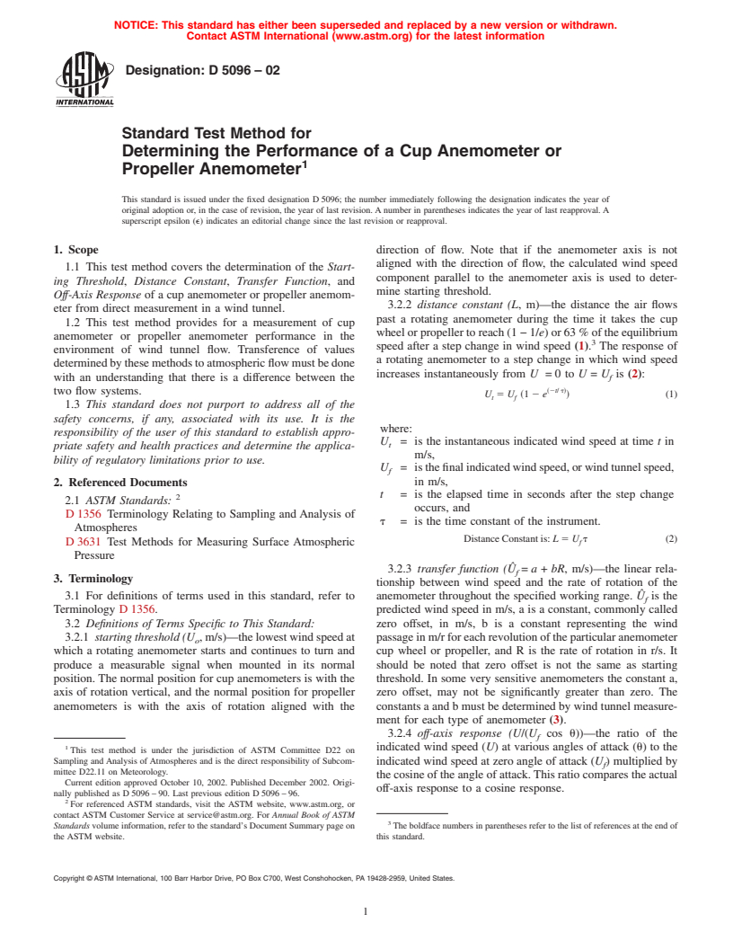 ASTM D5096-02 - Standard Test Method for Determining the Performance of a Cup Anemometer or Propeller Anemometer