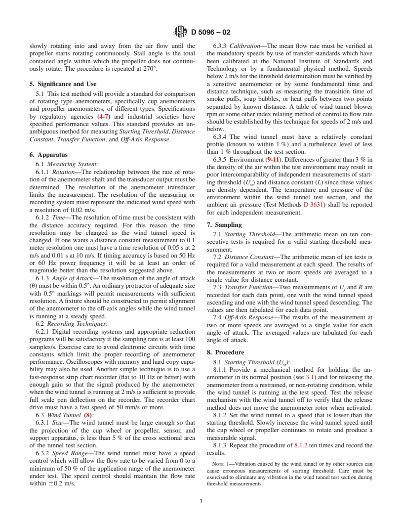 ASTM D5096-02 - Standard Test Method for Determining the Performance of a Cup Anemometer or Propeller Anemometer