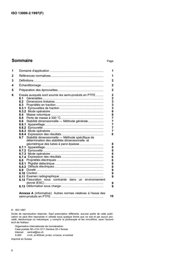 ISO 13000-2:1997 ISO 13000-2:1997 - Plastiques -- Semi-produits en polytétrafluoroéthylene (PTFE) - Page 2 preview