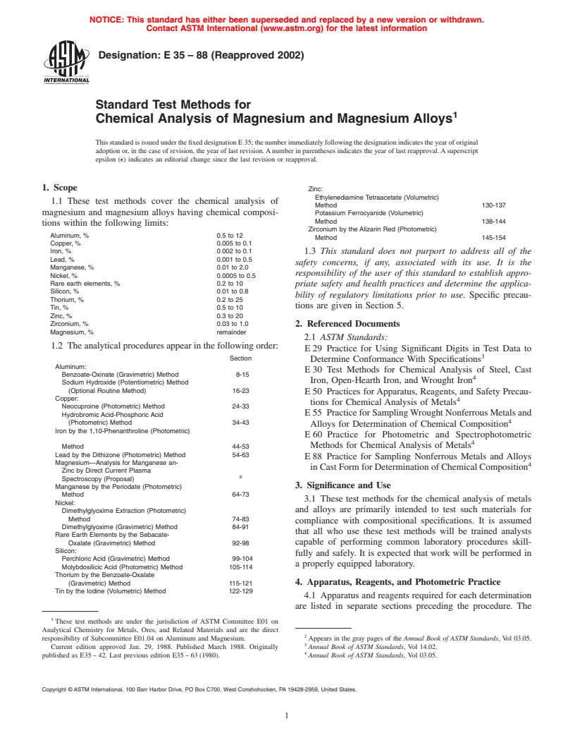 ASTM E35-88(2002) - Standard Test Methods for Chemical Analysis of Magnesium and Magnesium Alloys (Withdrawn 2008)