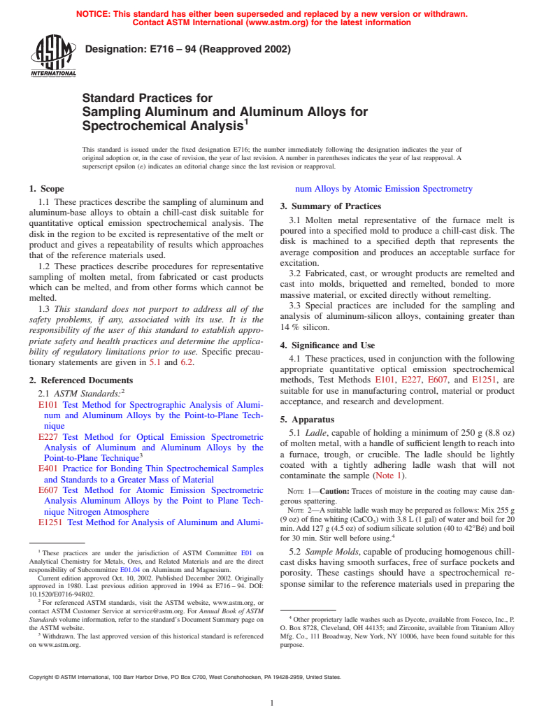 ASTM E716-94(2002) - Standard Practices for Sampling Aluminum and Aluminum Alloys for Spectrochemical Analysis