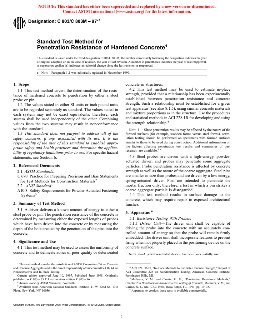 ASTM C803/C803M-97e1 - Standard Test Method for Penetration Resistance of Hardened Concrete