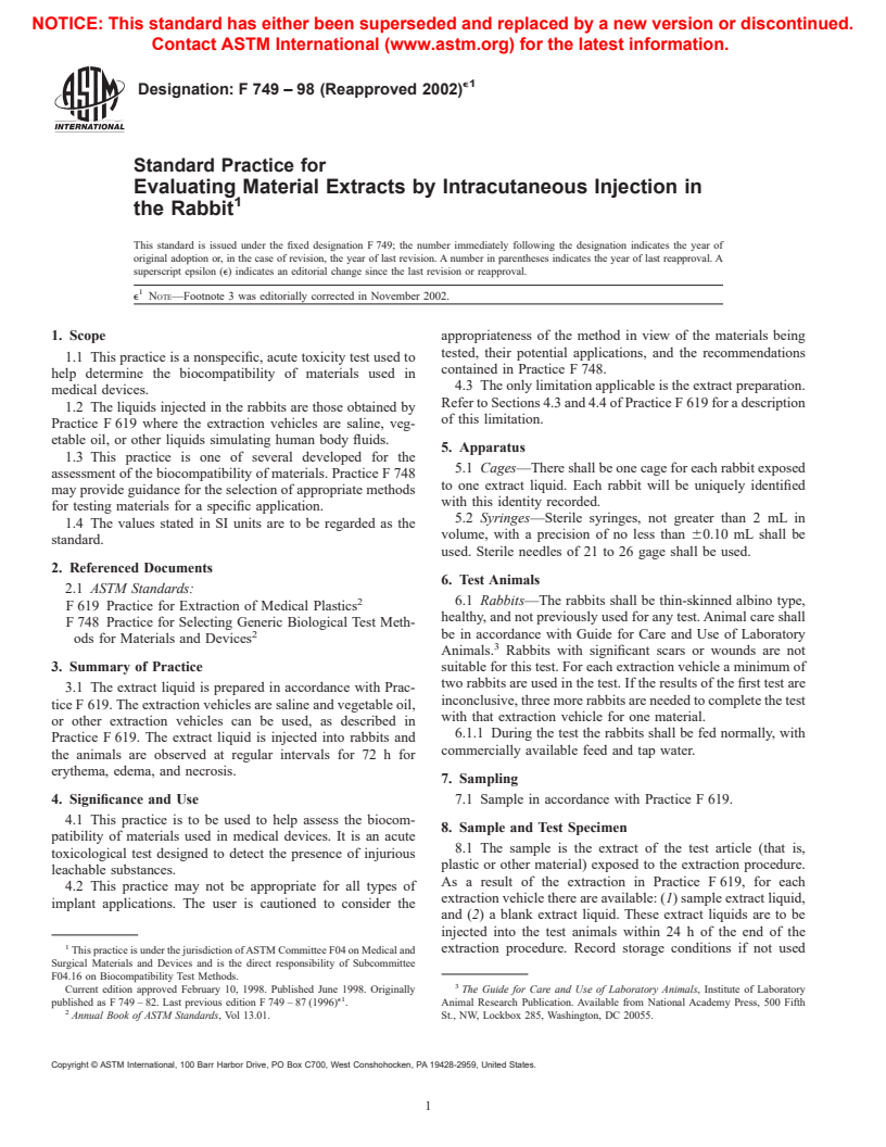 ASTM F749-98(2002)e1 - Standard Practice for Evaluating Material Extracts by Intracutaneous Injection in the Rabbit