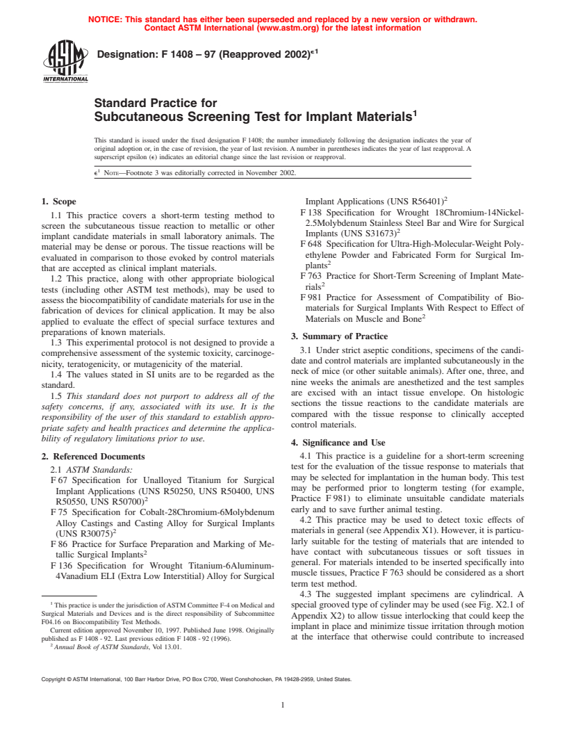 ASTM F1408-97(2002)e1 - Standard Practice for Subcutaneous Screening Test for Implant Materials