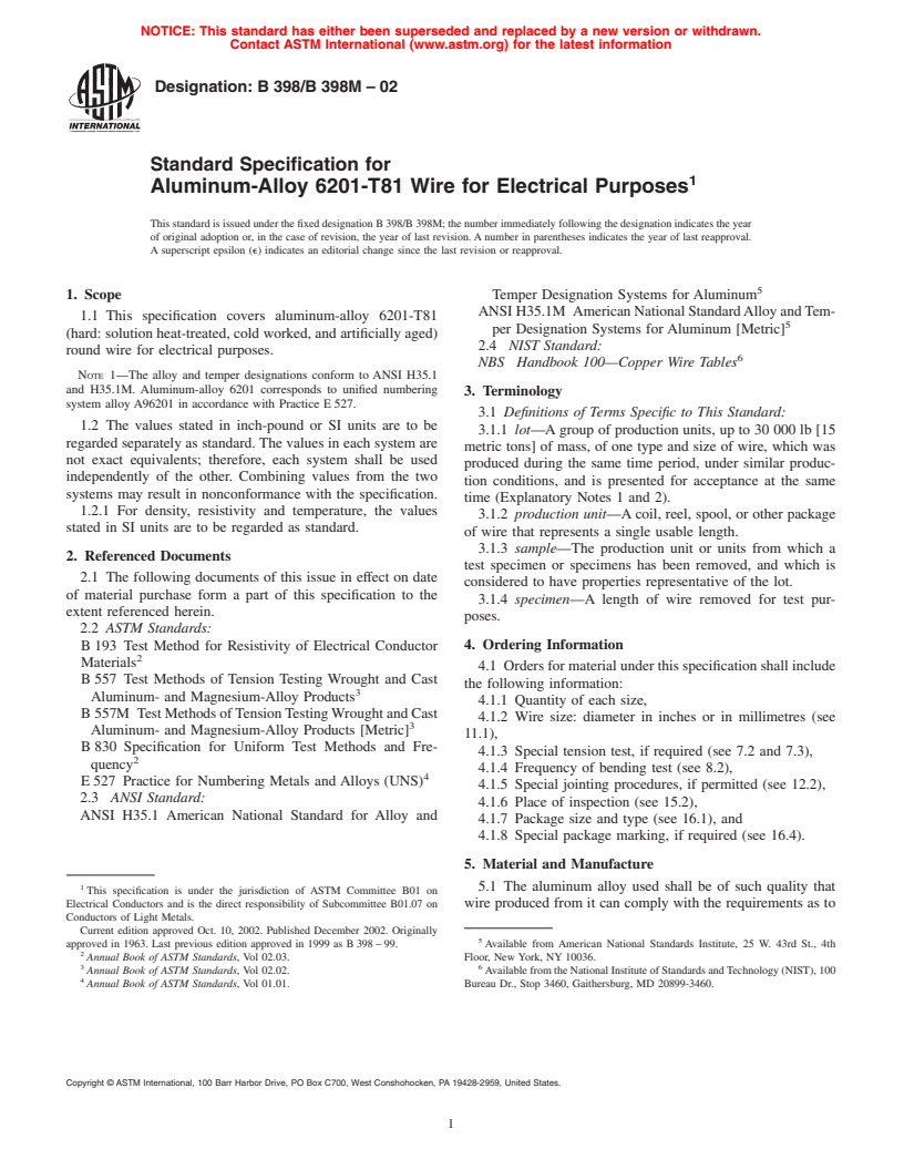 ASTM B398/B398M-02 - Standard Specification for Aluminum-Alloy 6201-T81 Wire for Electrical Purposes