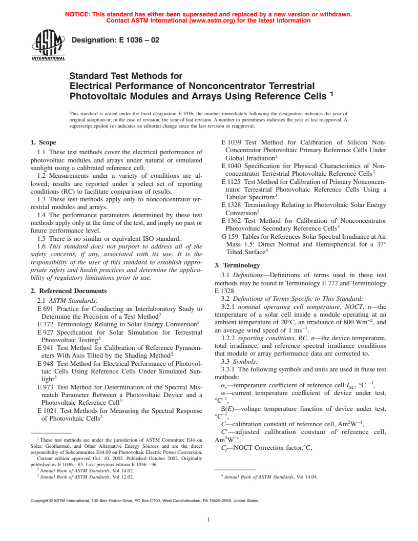 ASTM E1036-02 - Standard Test Methods for Electrical Performance of Nonconcentrator Terrestrial Photovoltaic Modules and Arrays Using Reference Cells