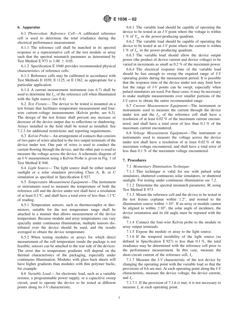 ASTM E1036-02 - Standard Test Methods for Electrical Performance of Nonconcentrator Terrestrial Photovoltaic Modules and Arrays Using Reference Cells