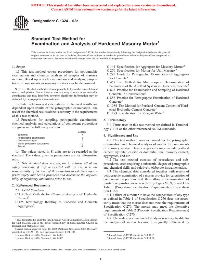 ASTM C1324-02a - Standard Test Method for Examination and Analysis of Hardened Masonry Mortar