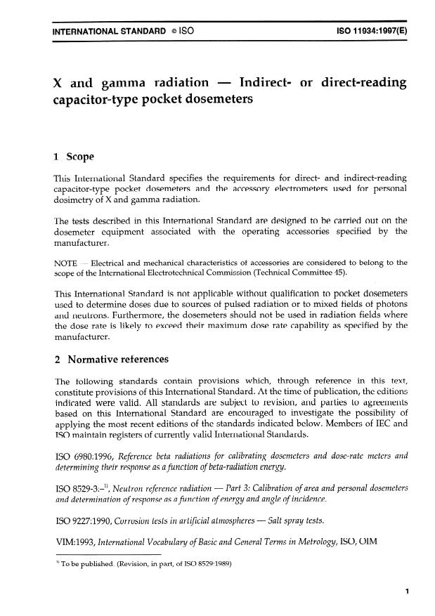 ISO 11934:1997 - X and gamma radiation -- Indirect- or direct- reading capacitor-type pocket dosemeters