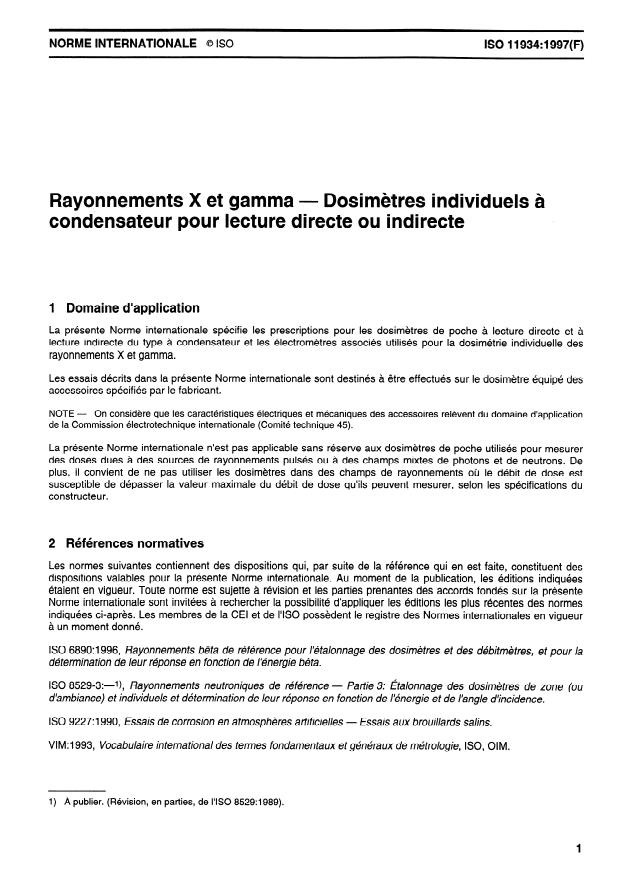 ISO 11934:1997 - Rayonnements X et gamma -- Dosimetres individuels a condensateur pour lecture directe ou indirecte