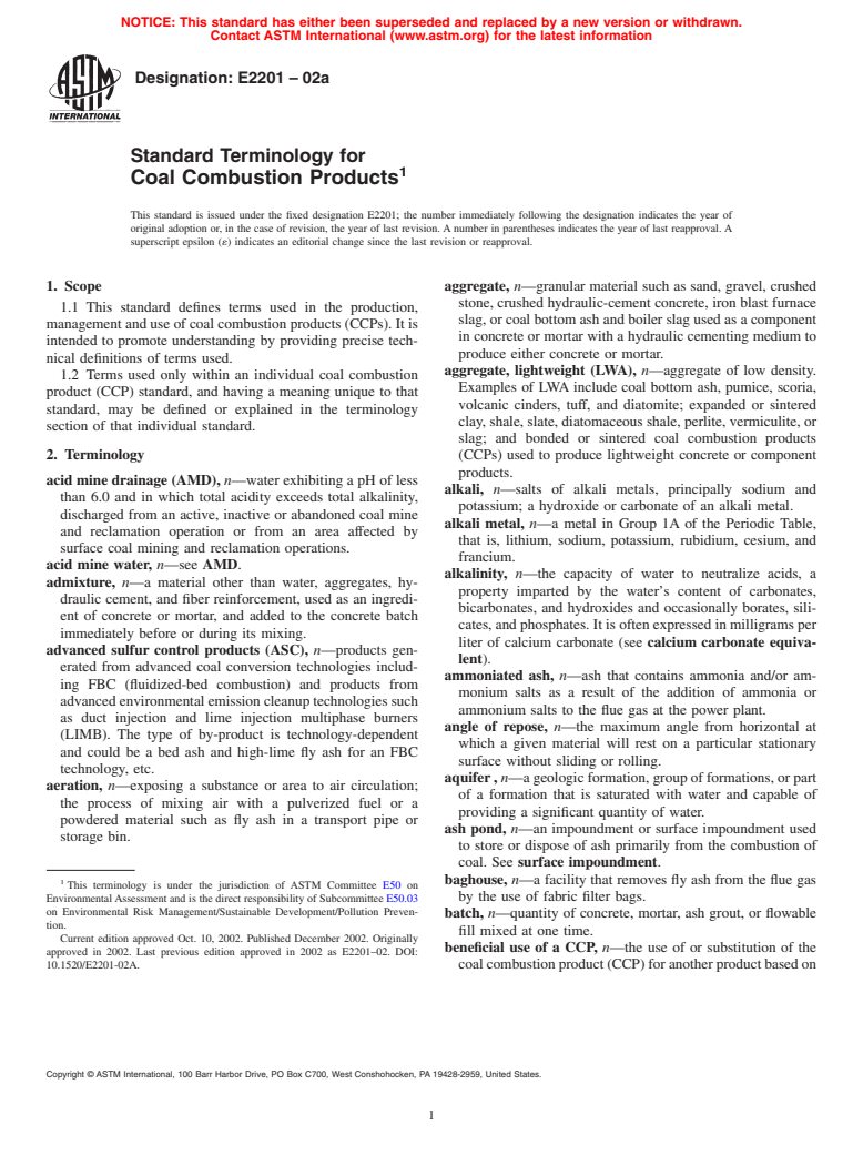 ASTM E2201-02a - Standard Terminology for Coal Combustion Products (Withdrawn 2011)
