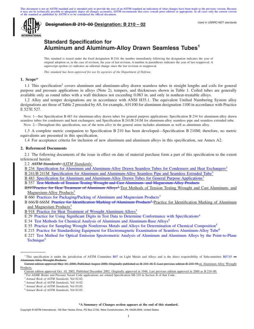 REDLINE ASTM B210-02 - Standard Specification for Aluminum and Aluminum-Alloy Drawn Seamless Tubes