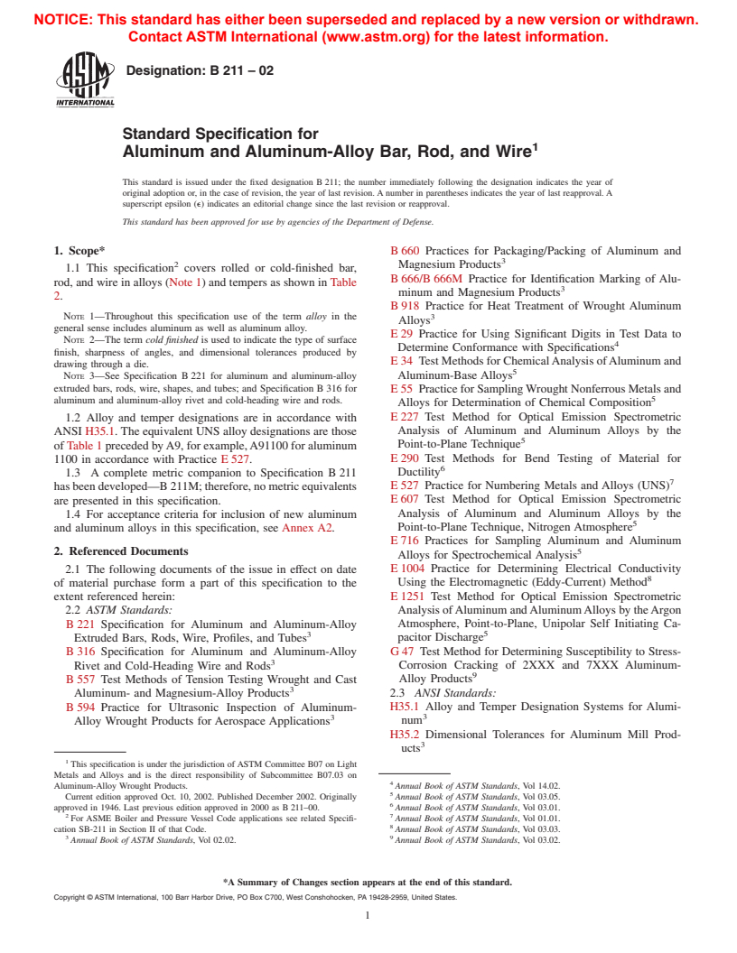 ASTM B211-02 - Standard Specification for Aluminum and Aluminum-Alloy Bar, Rod, and Wire