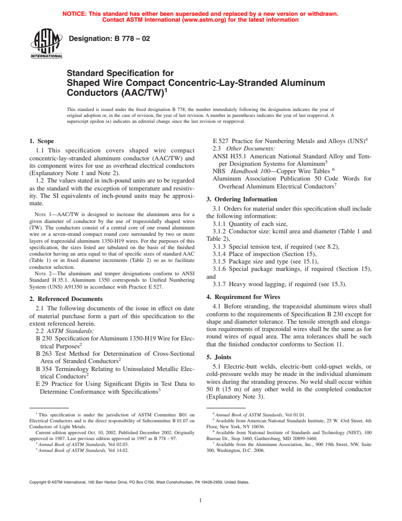 ASTM B778-02 - Standard Specification for Shaped Wire Compact Concentric-Lay-Stranded Aluminum Conductors (AAC/TW)