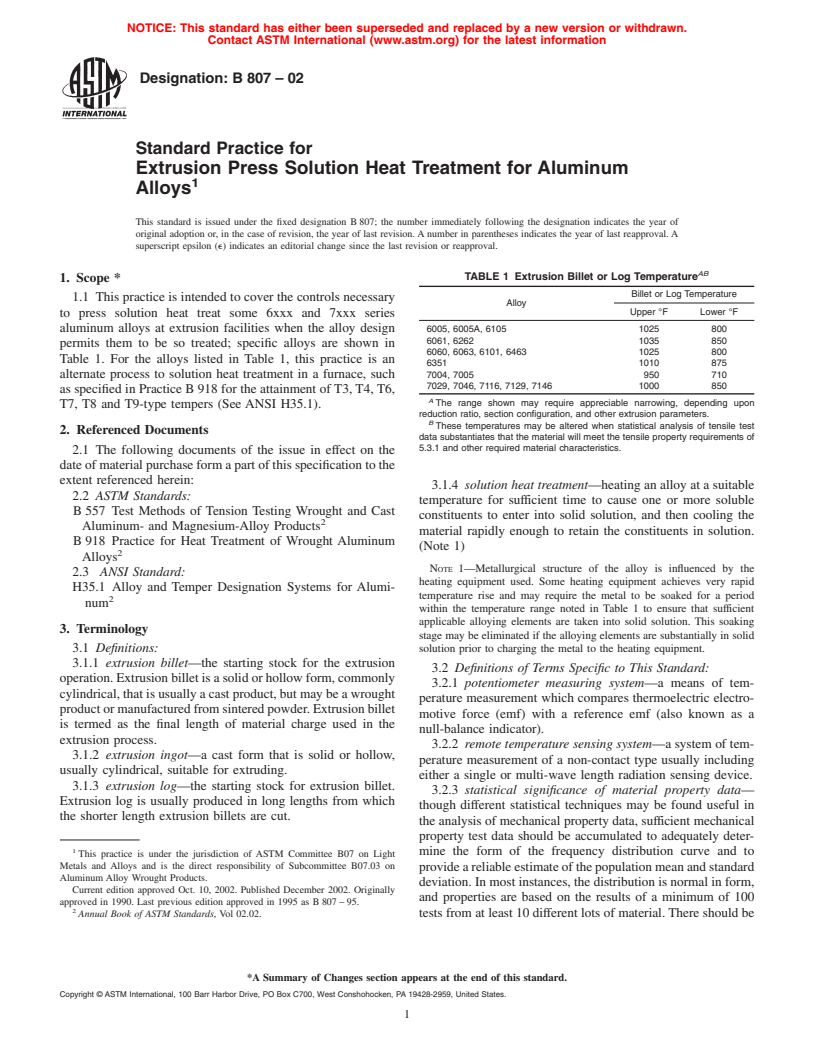 ASTM B807-02 - Standard Practice for Extrusion Press Solution Heat Treatment for Aluminum Alloys