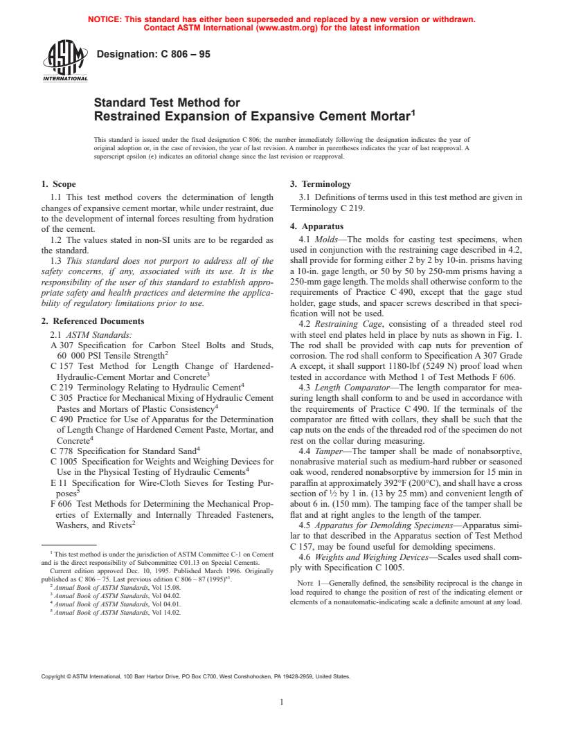 ASTM C806-95 - Standard Test Method for Restrained Expansion of Expansive Cement Mortar