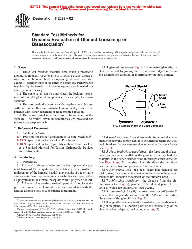 ASTM F2028-02 - Standard Test Methods for the Dynamic Evaluation of Glenoid Loosening or Disassociation