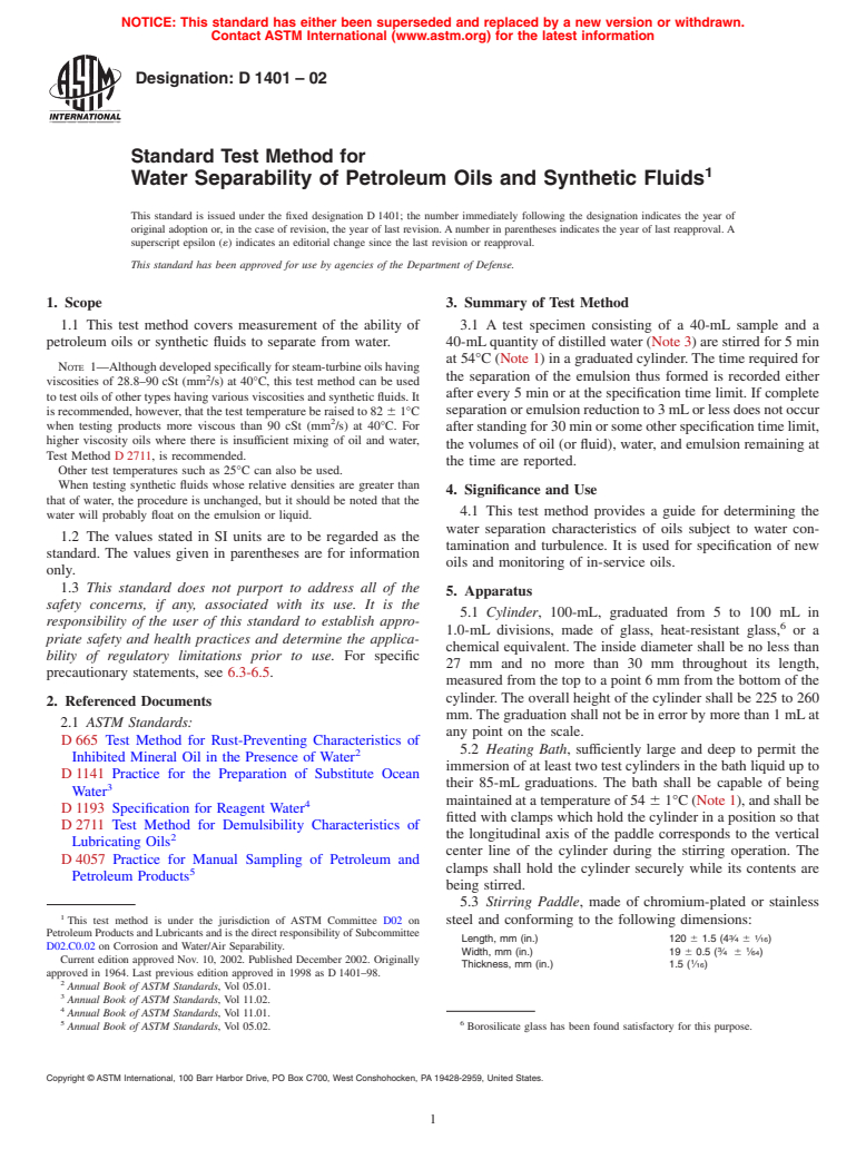 ASTM D1401-02 - Standard Test Method for Water Separability of Petroleum Oils and Synthetic Fluids