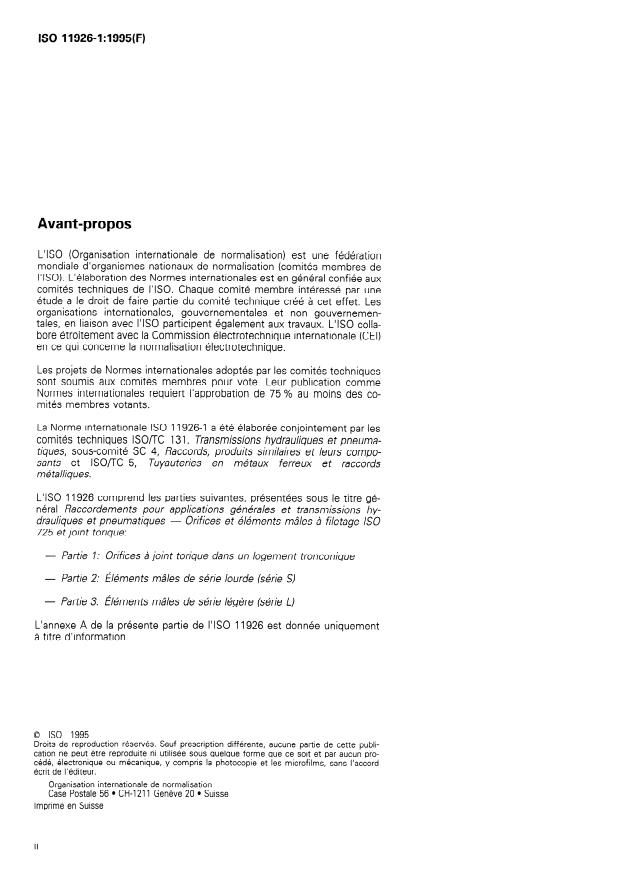 ISO 11926-1:1995 ISO 11926-1:1995 - Raccordements pour applications générales et transmissions hydrauliques et pneumatiques -- Orifices et éléments mâles a filetage ISO 725 et joint torique - Page 2 preview