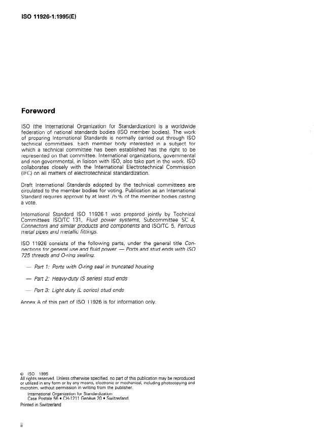 ISO 11926-1:1995 ISO 11926-1:1995 - Connections for general use and fluid power -- Ports and stud ends with ISO 725 threads and O-ring sealing - Page 2 preview